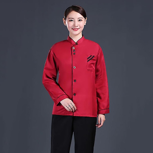 Unisex Kort & Långärmad Kockjacka Hotellkök Serviceuniform Arbetskläder Black and Red XL Long Sleeve