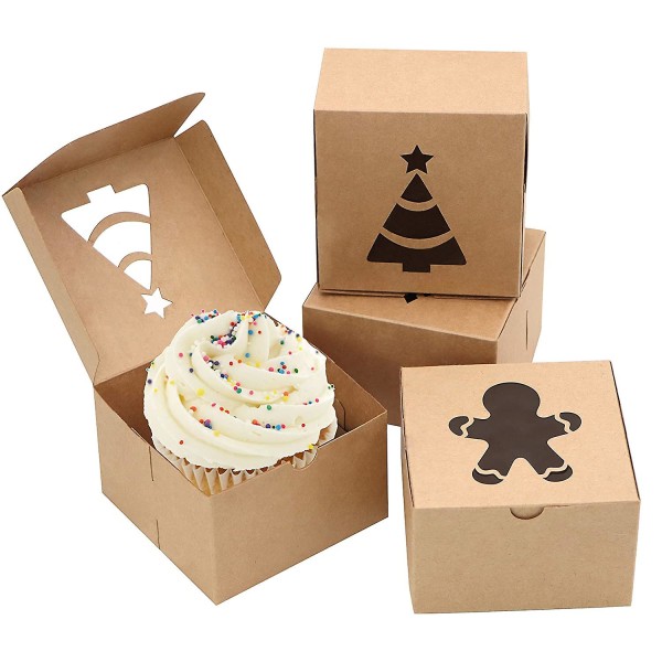 Sett med 30 Kraft Papp Emballasjebokser for Bakverk, 4x2,5 Tommer, Automatisk Pop-Up, for Julecupcakes, Cookies
