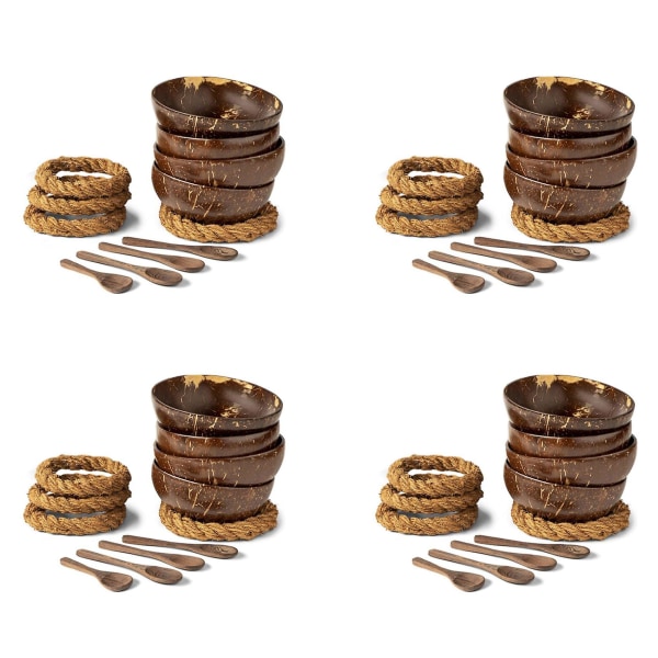 Kokosskålar med sked och ställ - Set med 16 kokosnötsskålar + träsked och stativ utan slingor