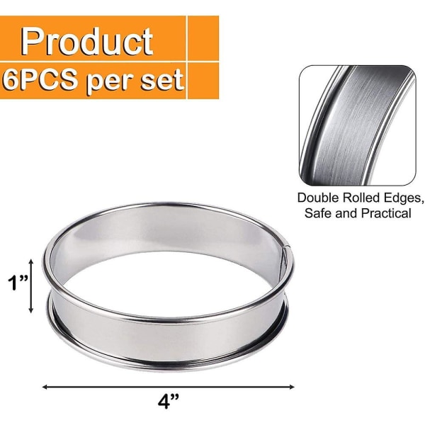 6-pakke 4\" Dobbeltrulle Engelsk Muffinsringer, Rustfritt Stål Muffinsringer, Pai Ringer, Runde