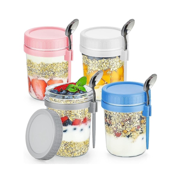 4-pack Overnight Oats Behållare med Lock och Skedar 16oz Masonburkar för Overnight Oats Läcksäkra