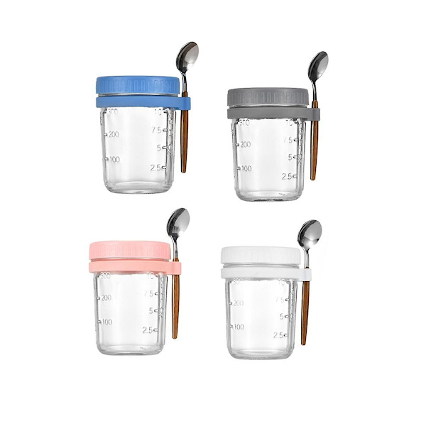 4 beholdere til overnight oats med låg og ske glas masonjar til overnight oats utætte