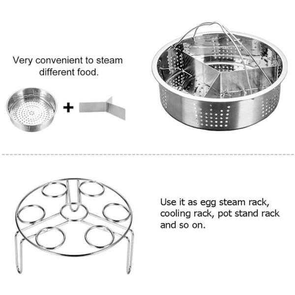 3-pack tryckkokare tillbehör i rostfritt stål ångkorg med äggkokare, avdelare