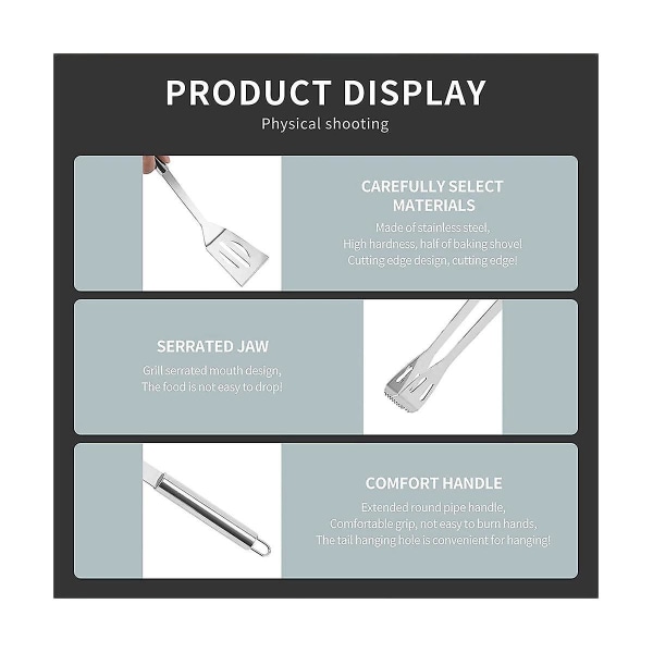 BBQ- set - spatlar, gafflar och tång i rostfritt stål, tillbehör för utomhusgrillälskare