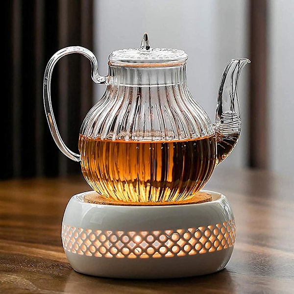 Keramisk tekanna-värmare, tekanna-värmare med korkplatta, perfekt för glas- och keramiktekannor