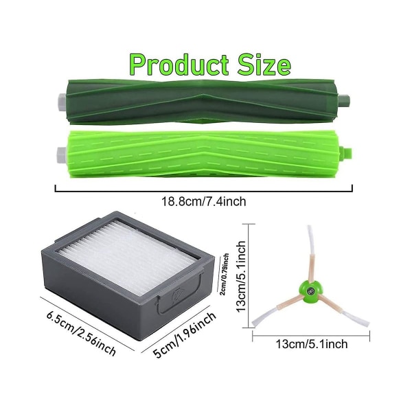 For e, I, J, inkludert 2 sett med gummibørster, 6 HEPA-filtre, 6 sidebørster og 6 støvsugerposer