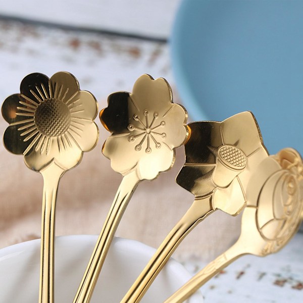 12 stk Søde Blomster Te Skeer Dessert Kaffe Skeer Guld Kirsebærblomst Skeer