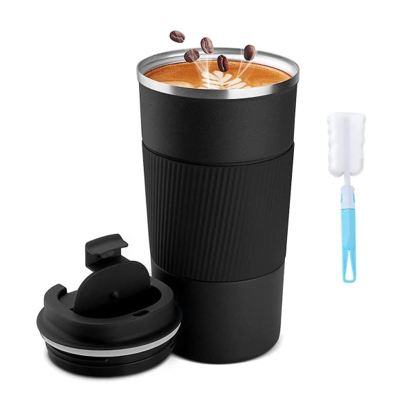 Kaffemugg, spillsäker kopp i rostfritt stål, resemugg med kafferengöringsborste (Bl