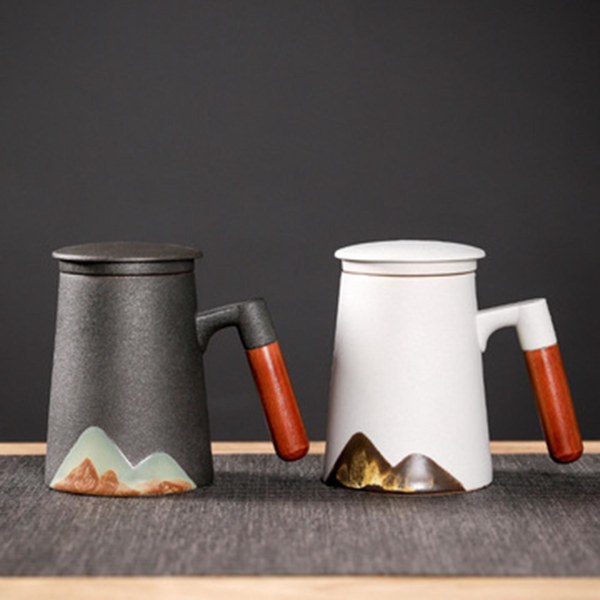 420ml Keramisk Mugg med Trähandtag Presentask Vit