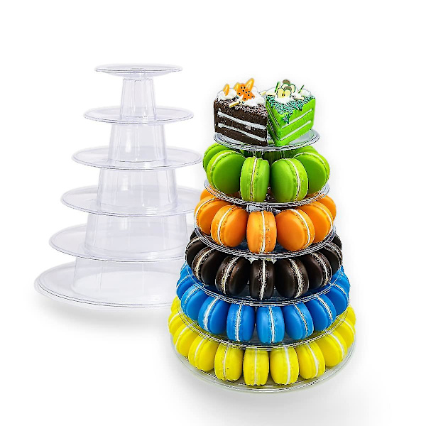 2023 - 6-vånings Macaron-tornställ för bröllop, födelsedagsfest, Cupcake-kaka, Plastdisplayställ