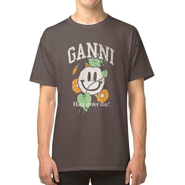 Ganni T-shirt med 'Have A Nice Day' og anime-ansigt darkgrey