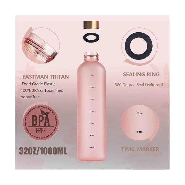 1L Vattenflaska med 32 Motiverande Markeringar - Återanvändbar, Sport, Läckagesäker, Frostad Plast, Rosa med Tidsmarkeringar