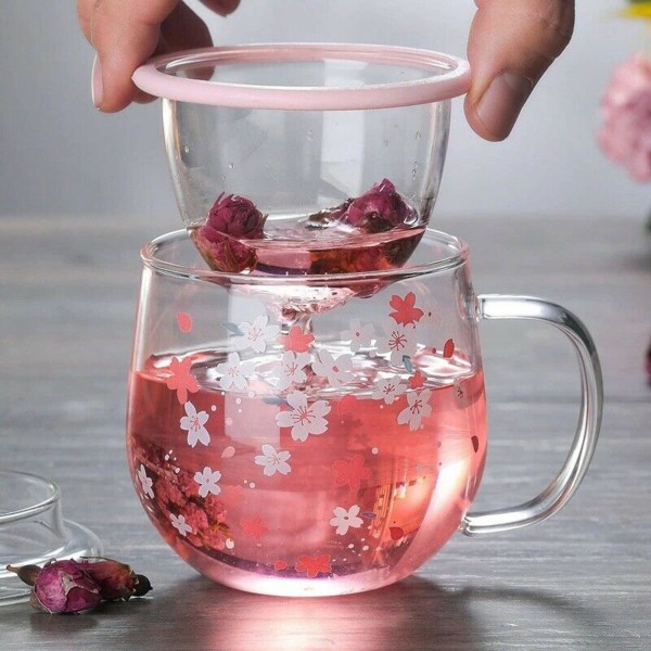 Cherry Blossom Cup glasmugg med tefilter och lock Cherry Blossom Cup Set Flower Tea Cup 300