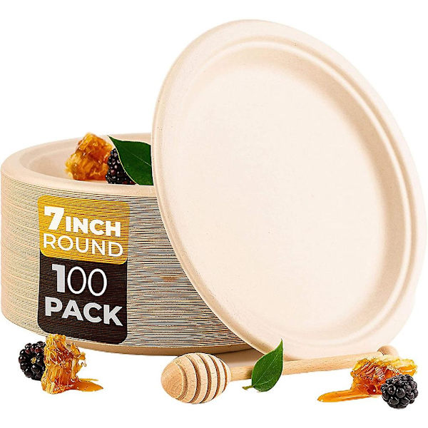 100-pakke med 7 komposterbare engangs runde bagasse papirplater, biologisk nedbrytbare sukkerrørfiber
