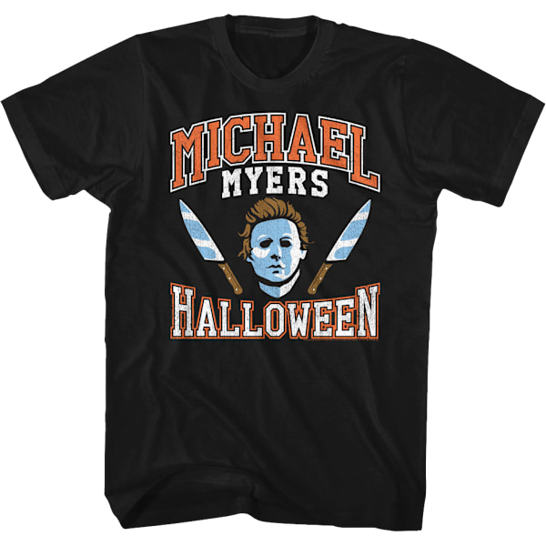 Michael Myers -naamio ja veitset Varsity-logolla Halloween-T-paita M
