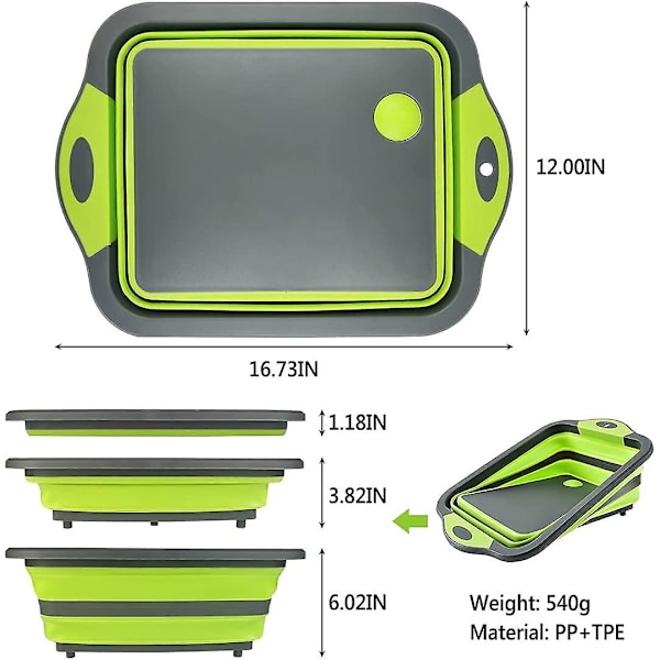 4-i-1 hopfällbar diskho och plastskärbräda, hopfällbar campingdiskho, grön Lh-1 White