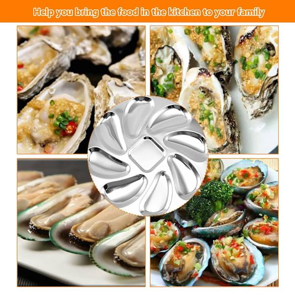 4 st Oysterskivor i Rostfritt Stål, Skalet Form, Hållbar Oysterbehållare med 8 Fack