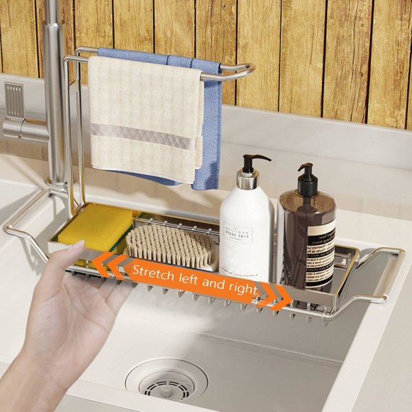 Teleskopisk Oppvaskstativ i Rustfritt Stål - Utvidbar Oppbevaring, Avrenningskurv, Svampebeholder for Hygiene