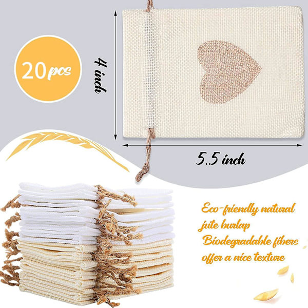 Juteposer, 20-pakke 4x5,5 tommer trekksnor hjerte jute gaveposer godteposer linlommer