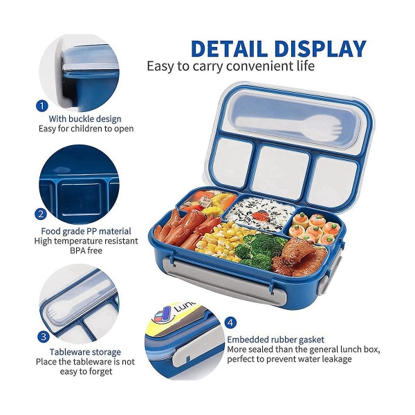 Bentobox för barn, lunchlåda, 1300 ml, 4 fack, läcksäker, diskmaskin- och frysvänlig