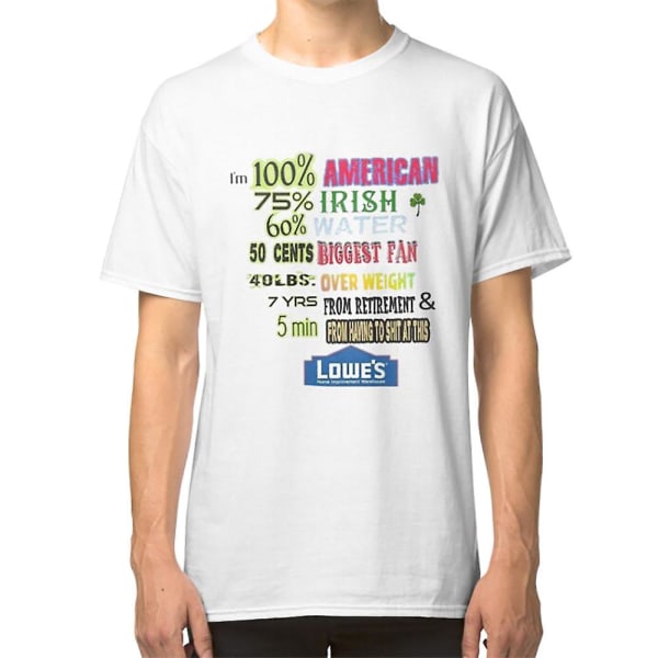 Jag är 100 % amerikansk 75 % irländsk 60 % vatten 50 cent Största fläkt 40 kg övervikt 7 år T-shirt XXXL