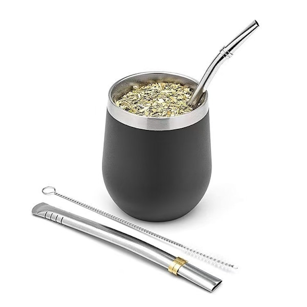 Dubbelväggig Yerba Mate-teservis i rostfritt stål, vatten-mate-tekopp med lock, sked, sugrör och hatt