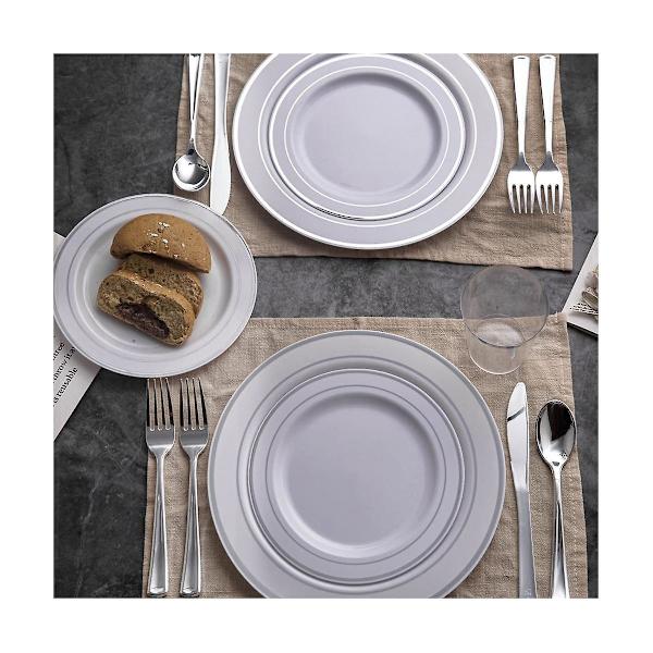 Vita Plasttallrikar med Silverkant, Middagstallrik och Dessert/Förrätt - Elegant Premium Tunga Serveringstallrikar