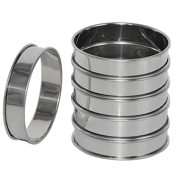 6-pack 4 tum Dubbelvalsade Engelska Muffinsringar, Rostfritt Stål Crumpetringar, Tartringar, Runda silver