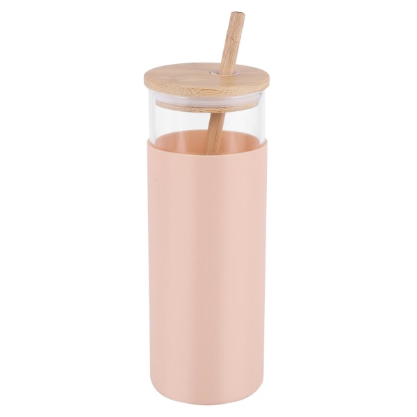 17Oz Glass Tumbler Bærbar Glass Vannflaske Straw Silikon Etui Bambuslokk - Rosa