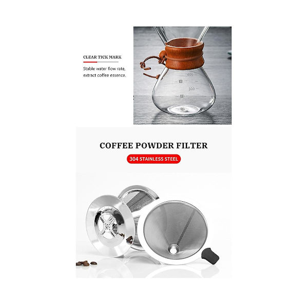 400 ml Klassisk Glaskaffekanna med Trähandtag Värmebeständig Häll över Kaffe Maker Manuell Kaffe