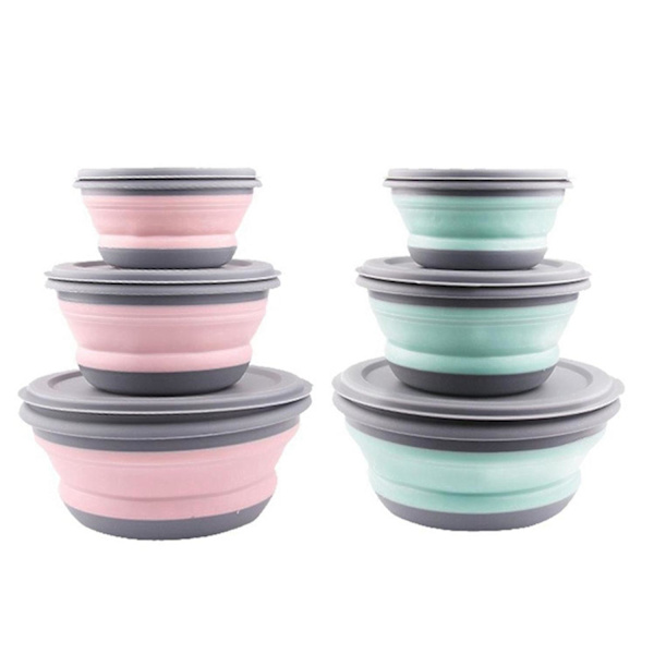 6-pack Lunchbox Vikbara Skålar Bärbar Silikon Skål Hopfällbar Salladsskål med Lock, 3-pack Nålset
