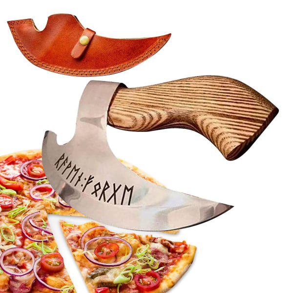 Vintage Pizzaøkse med Træhåndtag, Indgraverede Runer, Viking Pizzaøkse, Vikingøkse 22cm
