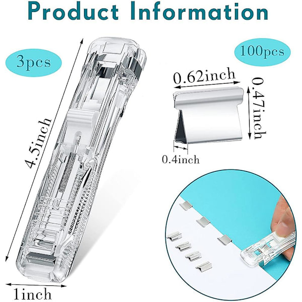 3 stk Gjennomsiktig Heftemaskin Mini Heftemaskin Trykk Heftemaskin Skrivebord Mote Liten Heftemaskin 100 stk