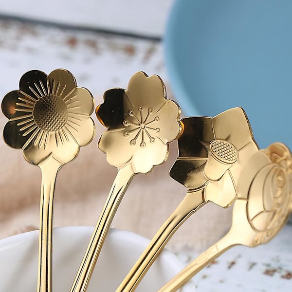 4 stk. Søde Blomster Te Skeer Dessert Kaffe Skeer Guld Kirsebærblomst Skeer