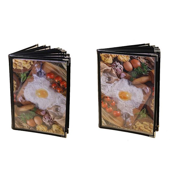 2 ark A4-format boktyp cafébar transparent restaurang menyomslag 10 sidor 20 vyer och 8 sidor