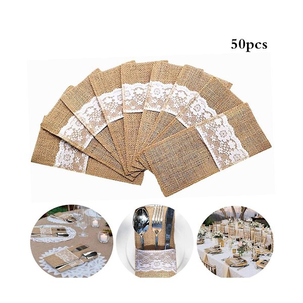 50 st Burlap Spets Servettpåsar Hessiansk Rustik Juldekoration Bröllopsbord Dekoration Bröllopspåse