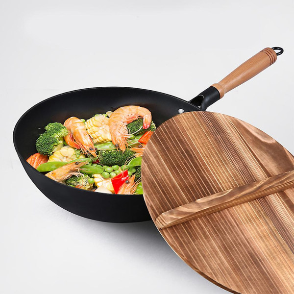 Puinen Wok-kansi, Puinen Kansi Keittiötyökalu Ruuanlaittoon Valurauta Wok-kattilan Kansi 32cm