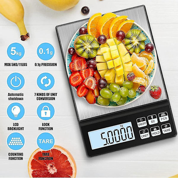 Digital Köksvåg, 5kg/0.01g Uppladdningsbar Matvåg, Högprecision Köksvåg