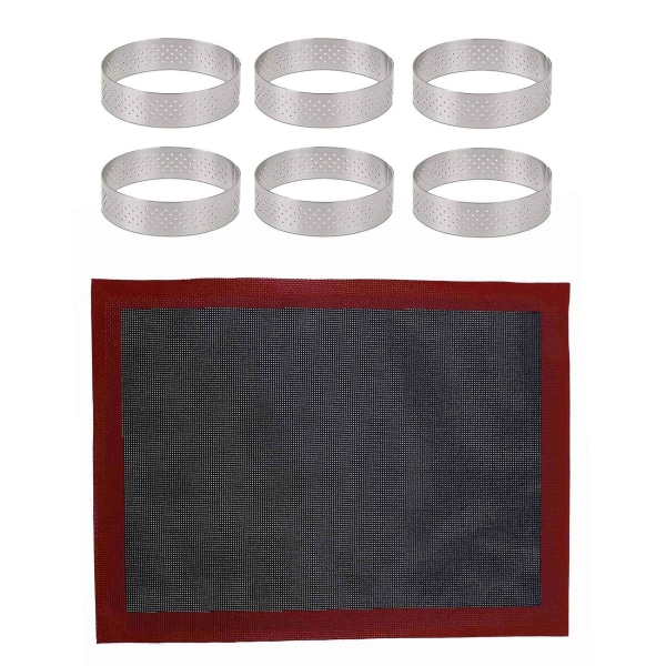 1 Pcs Perforated Silicone Baking Mat and 1 Pcs Round Stainless Steel Perforated Tart Ring Bottom Tower