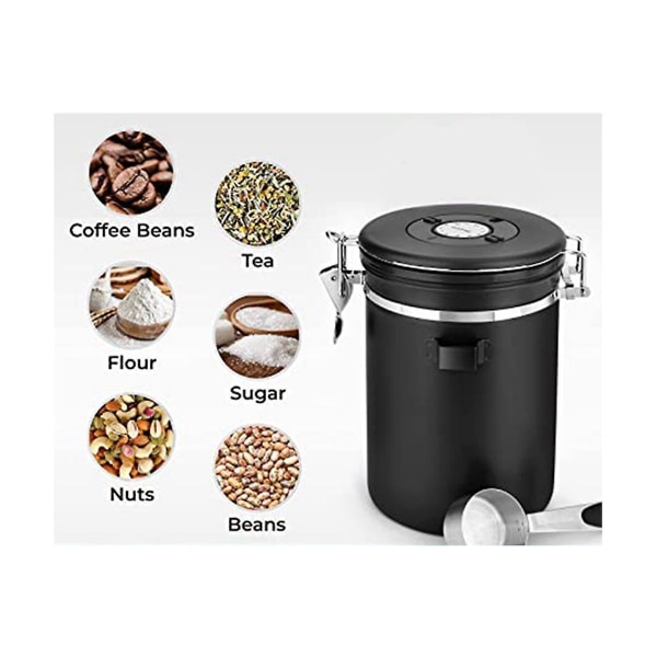 Lufttett krukke for kaffebønner i 304 rustfritt stål, te, tørket frukt, oppbevaringskrukke med skje, 1,2 L