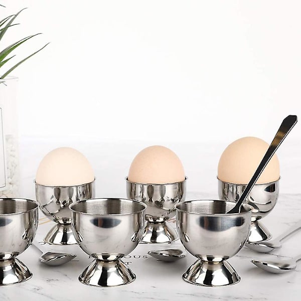 Eggkopp i rustfritt stål, sett med 12, inkluderer 6 eggkoppholdere og 6 eggeskjeer