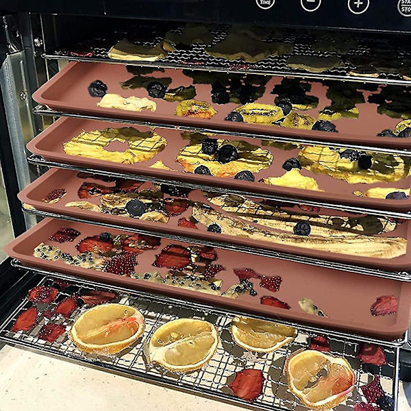 4 stk. Silikon Dehydratormåtter med Kant - Silikonplader Kompatible, Non-Stick Silikonbakkeforing brown