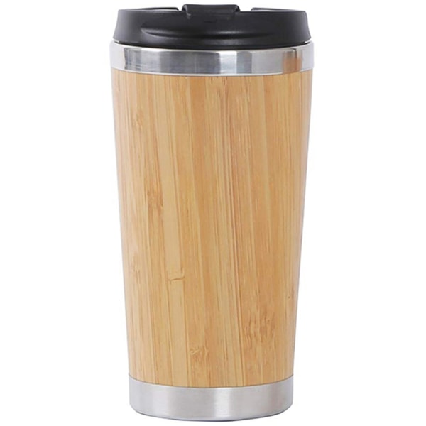 2X 450ml Bambus Kaffeekop Stål Rejsekop med Lækagesikker Låg Isoleret Kaffe