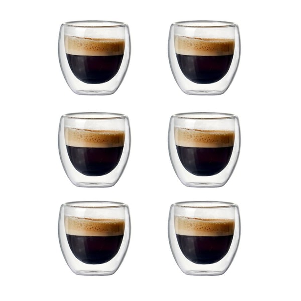 6 sett med 80 ml dobbelveggholdige glasskaffebegersett for å drikke te, kaffe, drikkebeger