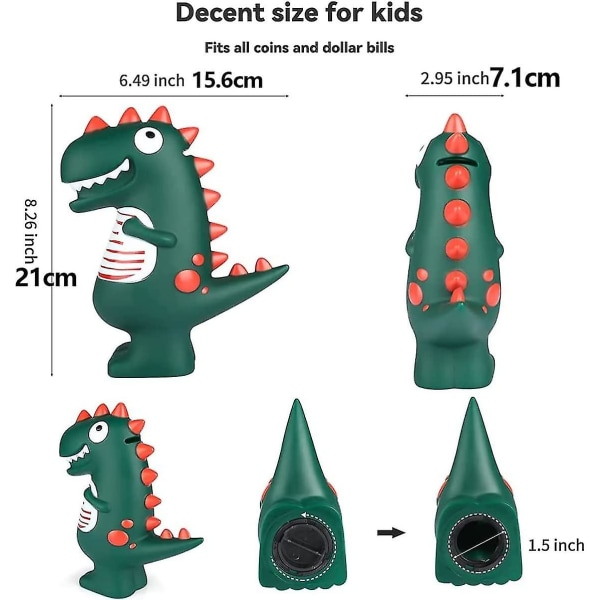 Dinosaurie Spargris, Grön T-Rex Dinosaurie Spargris för Barn, Rum Dekoration, Mynt Spargris, Present till Pojkar eller Flickor