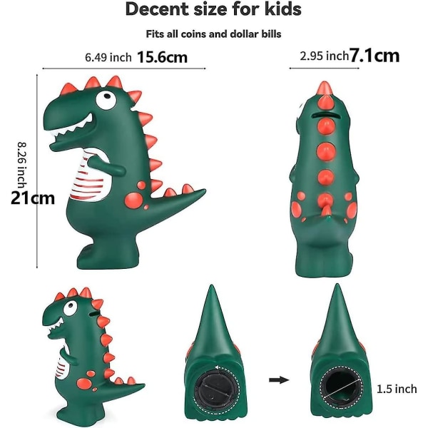 Dinosaurussäästöpossu, vihreä T-Rex-dinosauruksen piirroshahmo, lasten rahasäästöpossu, huoneen koriste, kolikkosäästöpossu, lahja pojille tai tytöille