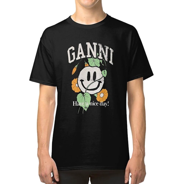 Ganni T-shirt med 'Have A Nice Day' og anime-ansigt darkgrey