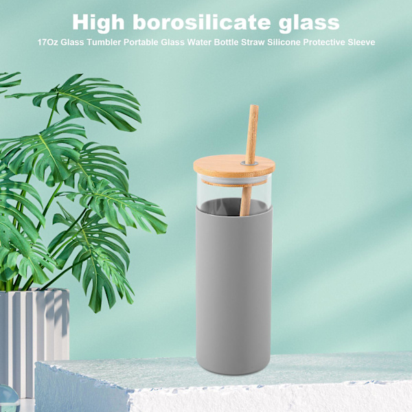 17Oz Glas Tumlare Bärbar Glasvattenflaska Sugrör Silikonfodral Bambulucka-Grå