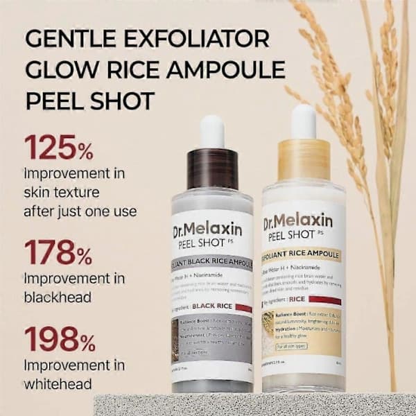 Dr.Melaxin PEEL SHOT GLOW EXFOLIANT RICE AMPOULE (HVID RIS/SORT RIS) 80ml sort black