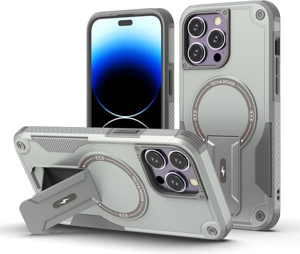 Magnetisk iPhone-deksel med stativ, MagSafe-kompatibel, robust innebygd stativ, støtsikker med militærgradert fallbeskyttelse for iPhone Grå iPhone 14 Pro Grey iPhone 14 Pro